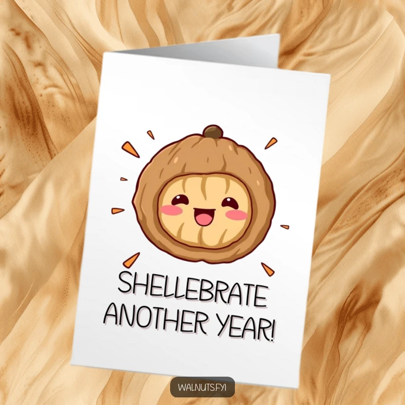 Funny Free Printable Birthday Card: Kawaii walnut cracking open in surprise, perfect for a humorous greeting.