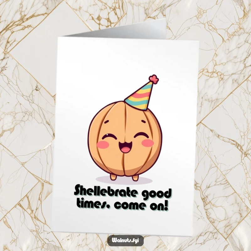 Funny Free Printable Birthday Card: A cheerful walnut wearing a party hat winks mischievously, ready for birthday fun.