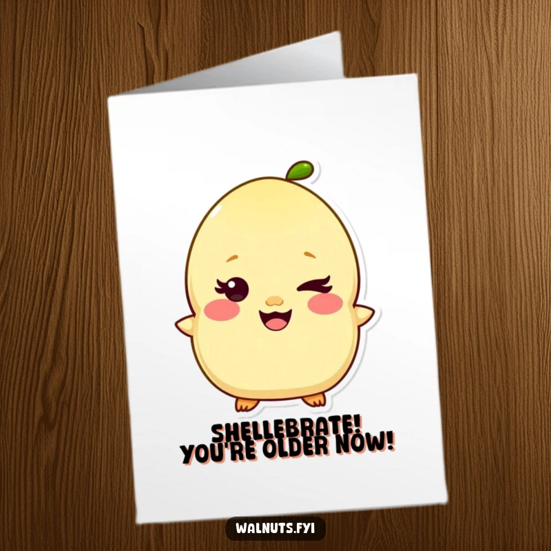 Funny Free Printable Birthday Card featuring a giggling Kawaii pistachio with a mischievous wink, spreading nutty cheer.