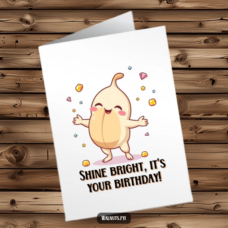 Funny Free Printable Birthday Card: A delighted macadamia nut skillfully juggling sparkling tiny gemstones with a joyful grin.
