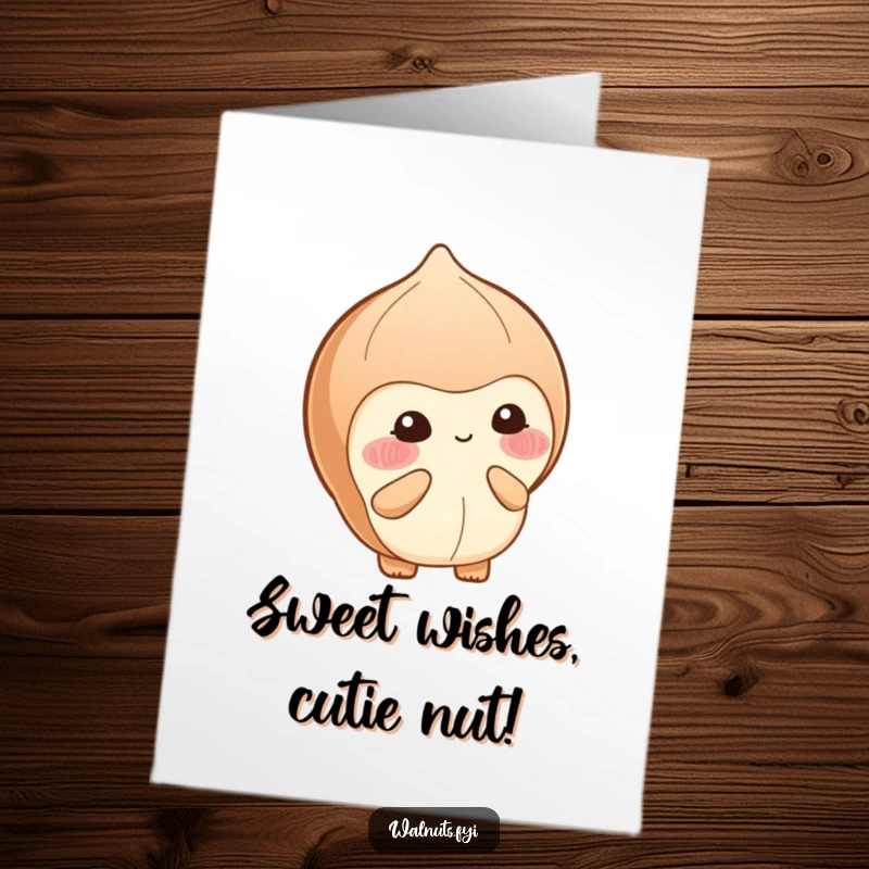 Funny Free Printable Birthday Card: Blushing hazelnut shyly offers a small berry with a sweet, bashful smile.