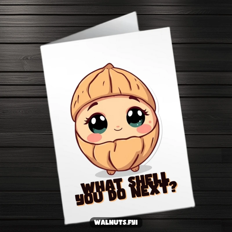 Funny Free Printable Birthday Card: a curious walnut tilting its head, eyes wide with wonder, perfect for a thoughtful downloadable gift.