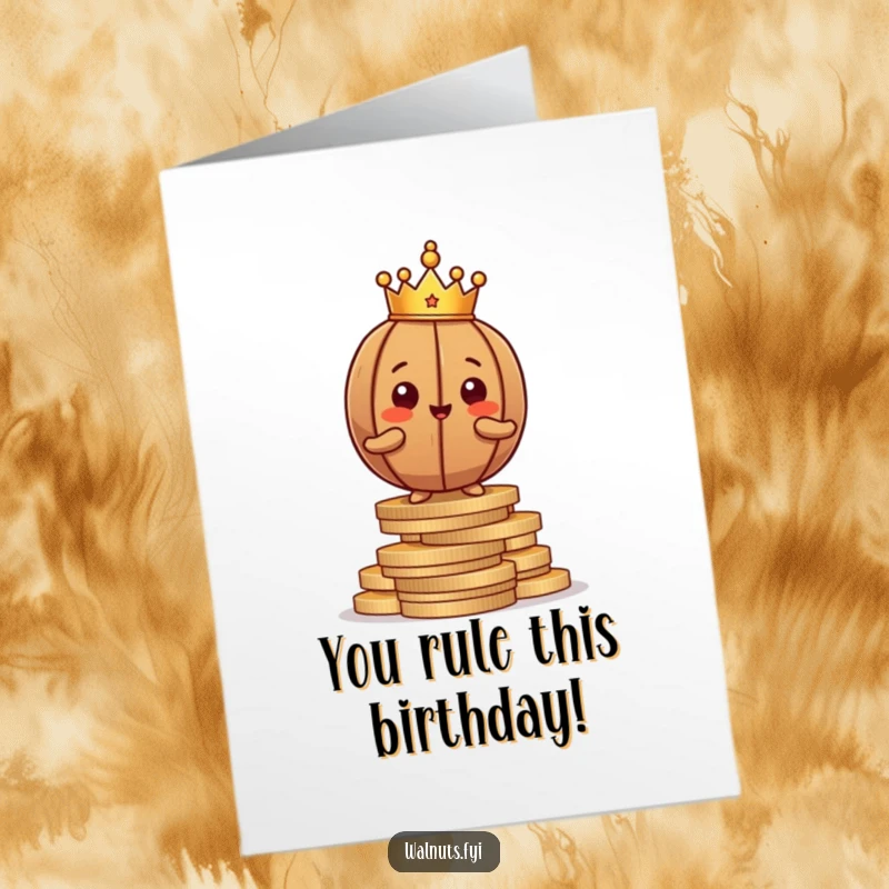 Funny Free Printable Walnut Birthday Card: Proud brown walnut with tiny crown, posing confidently on coins, celebrating.