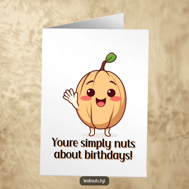 Funny free printable birthday card featuring a cheerful walnut character with big eyes, offering a friendly wave and a warm smile.