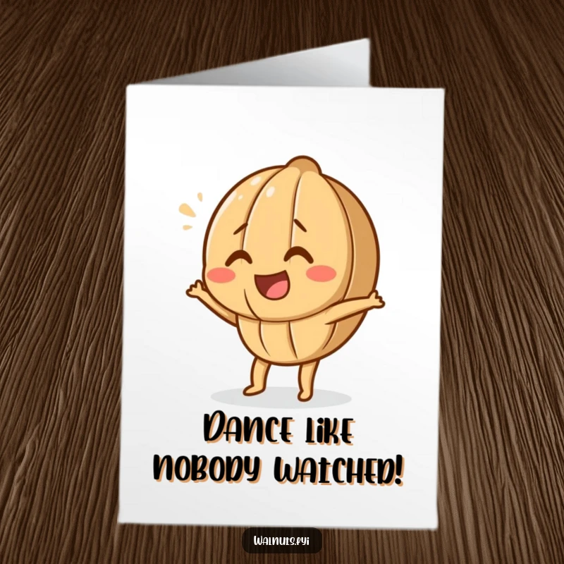 Funny Free Printable Congratulations Card: A happy walnut doing a goofy dance step, celebrating achievements. Great downloadable art.