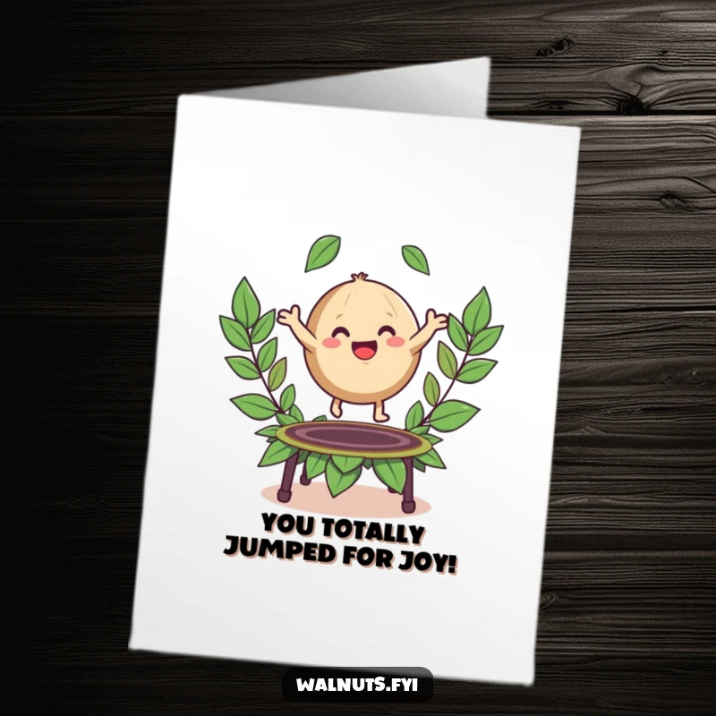 Funny Free Printable Congratulations Card: A happy walnut bounces on a leaf trampoline, celebrating a great success.