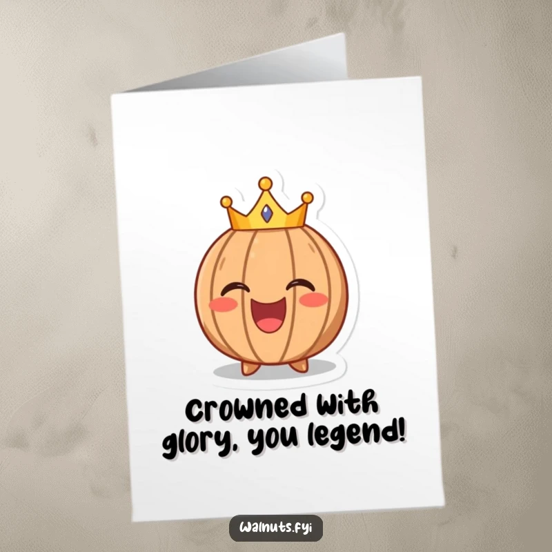 Funny Free Printable Congratulations Card: A laughing walnut in a tiny crown, celebrating a kingly victory.
