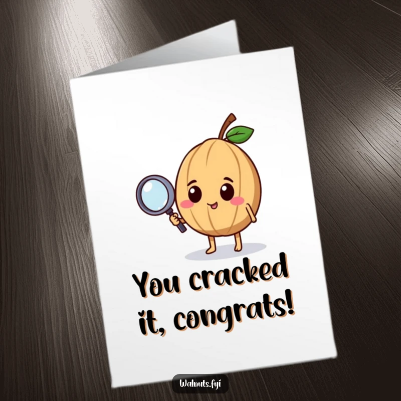 Funny Free Printable Congratulations Card: A happy walnut character uses a tiny magnifying glass to curiously inspect something, celebrating success.