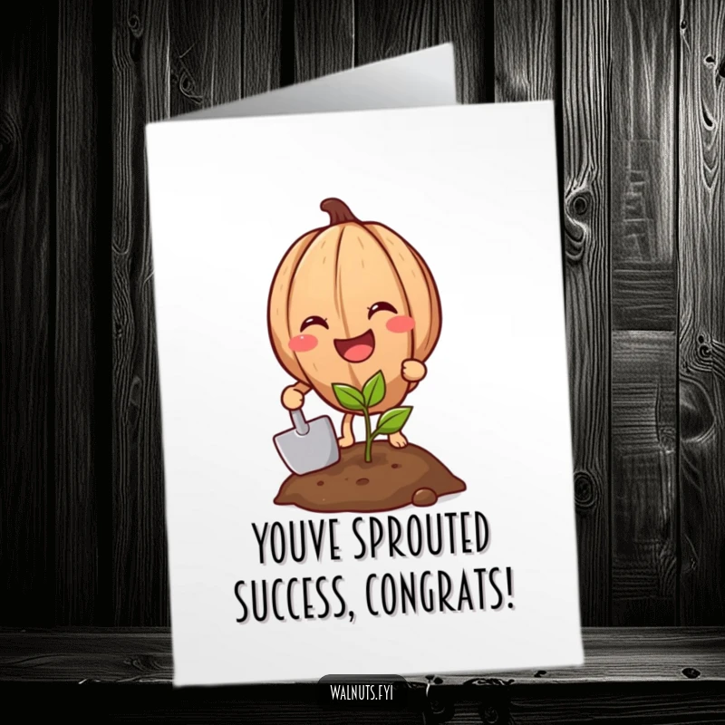 Funny Free Printable Congratulations Card with a grinning walnut planting a sprout, symbolizing new growth and success.