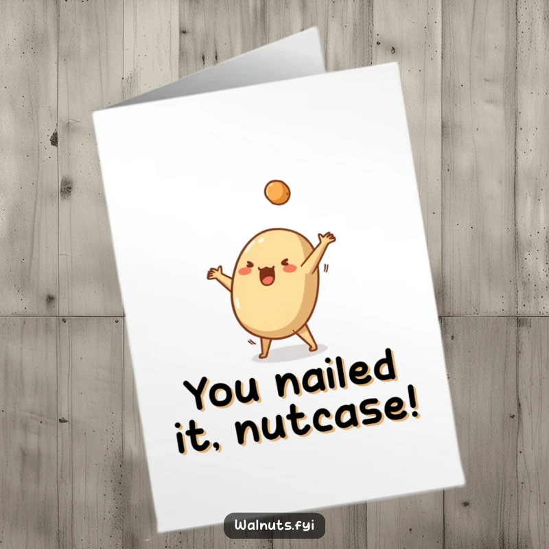 Funny Free Printable Congratulations Card: Silly Brazil nut performs a cartwheel with a crumb mid-air, celebrating.