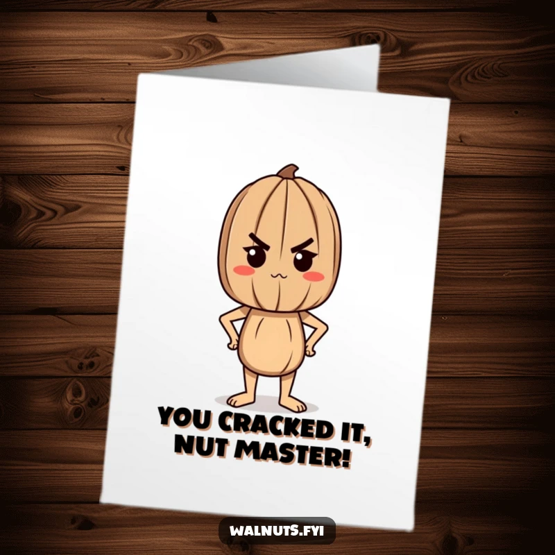 Funny Free Printable Congratulations Card: Determined walnut character celebrates an achievement with a proud stance, ideal for any congratulatory needs.