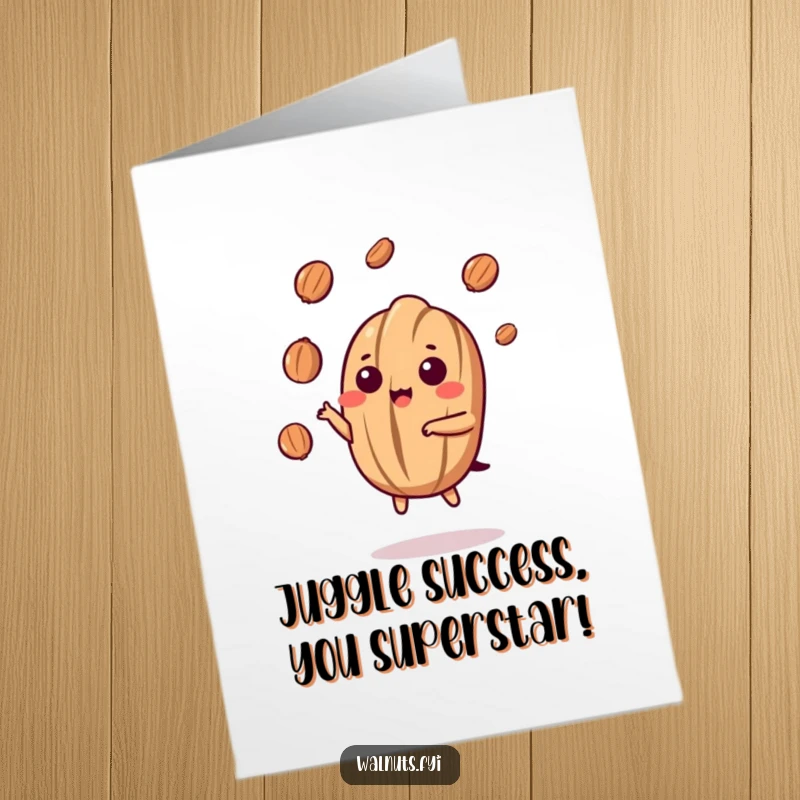 Funny Free Printable Congrats Card: Kawaii walnut masterfully juggling small nut pieces with incredible nimbleness, for congratulations.