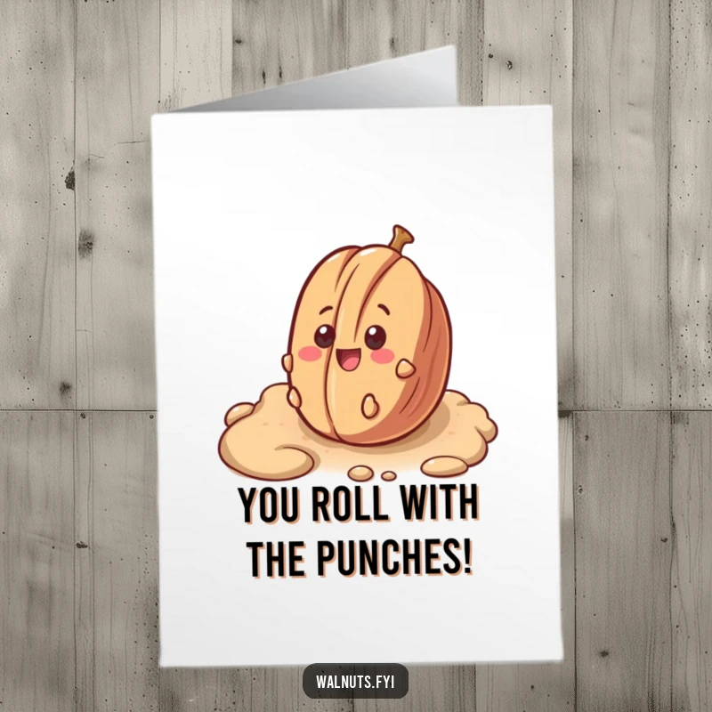 Funny Free Printable Congrats Card: A smiling pecan surprisingly rolling down a bumpy path, celebrating their successful journey.