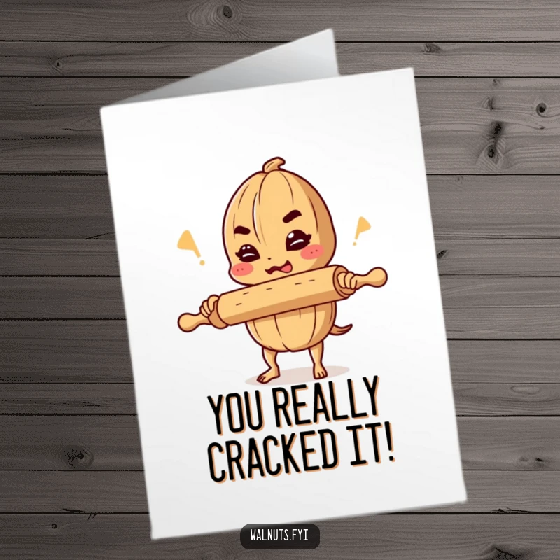 Funny Free Printable Congratulations Card: A determined walnut balances a rolling pin, about to tell a joke for a 'nutty' good occasion.