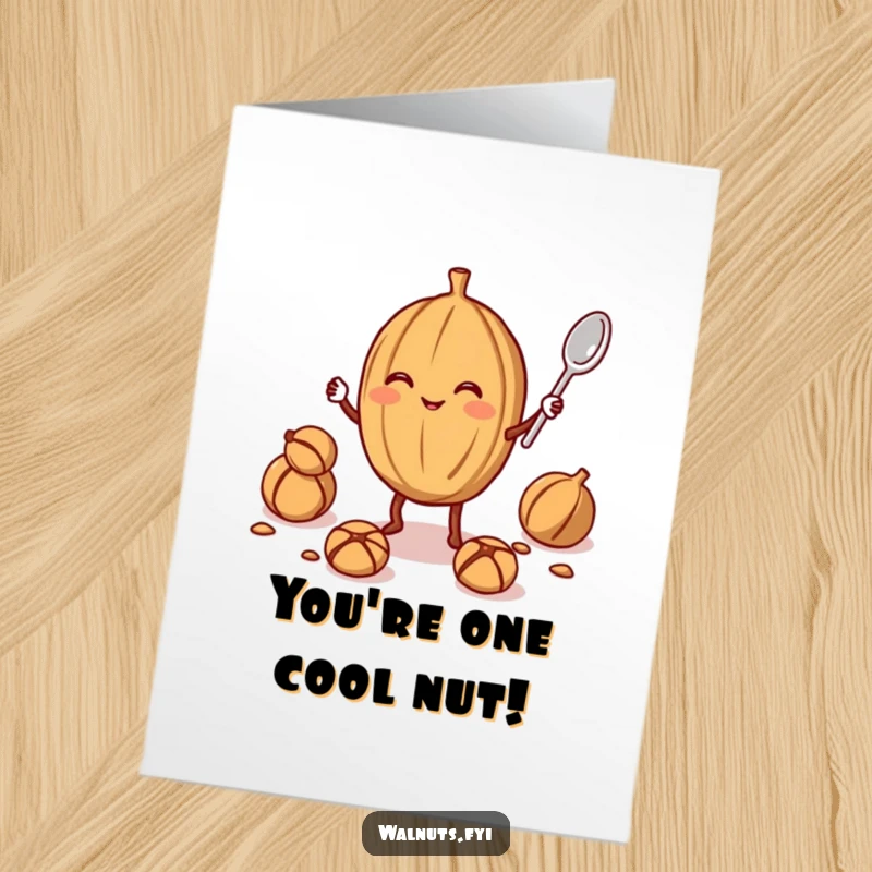 Funny Free Printable Walnut Juggler Congrats Card: Smiling walnut juggling, celebrating a successful balancing act.