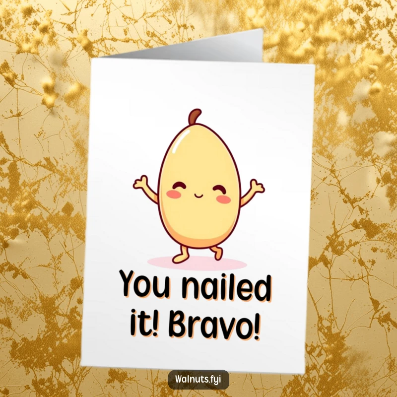 Funny Free Printable Congratulations Card: Delighted Kawaii almond character dancing energetically, celebrating success with humor.