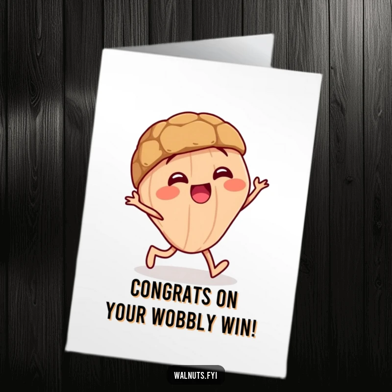 Funny Free Printable Congratulations Card: A giggling walnut character doing a funny stagger to celebrate an achievement.