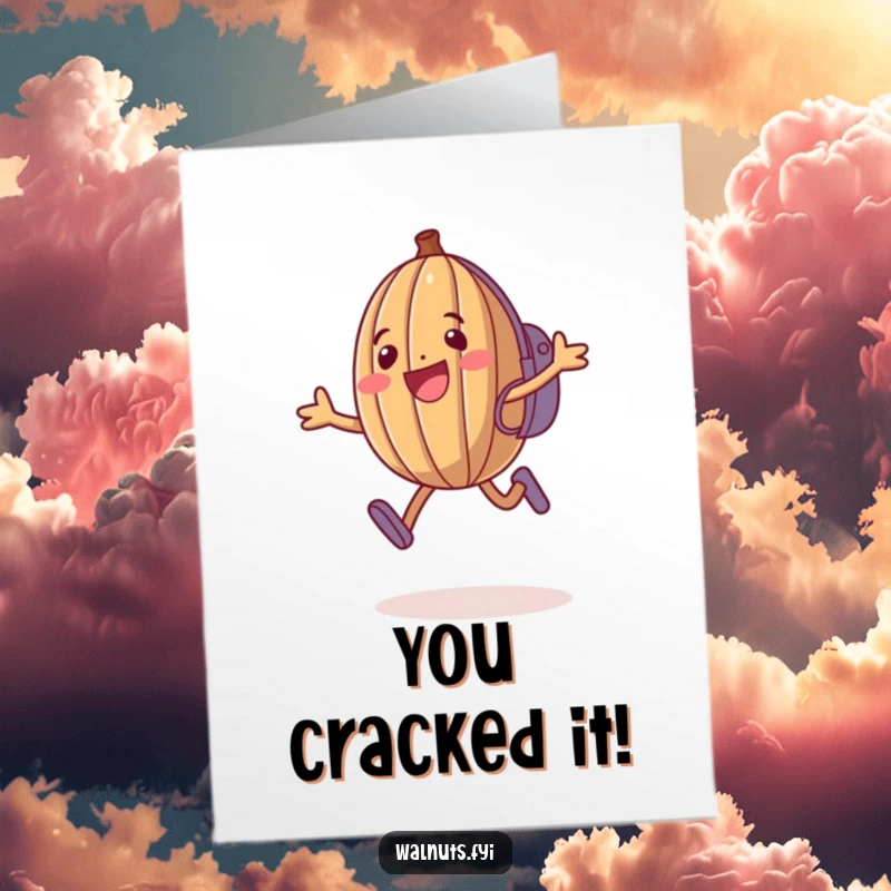 Funny Free Printable Congratulations Card: A happy, jumping walnut in a backpack celebrates a cheerful victory.