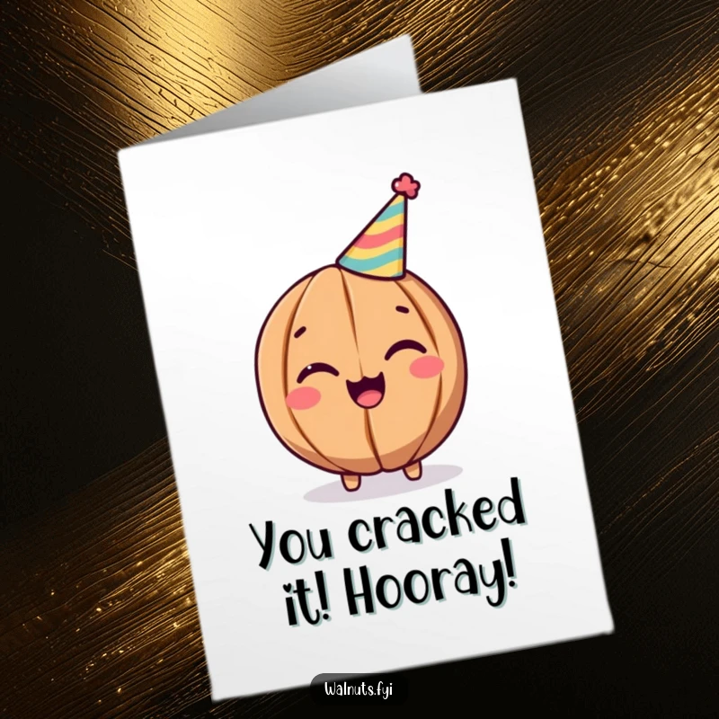 Funny Free Printable Congratulations Card: A happy walnut in a party hat gives a knowing wink, celebrating great achievements.