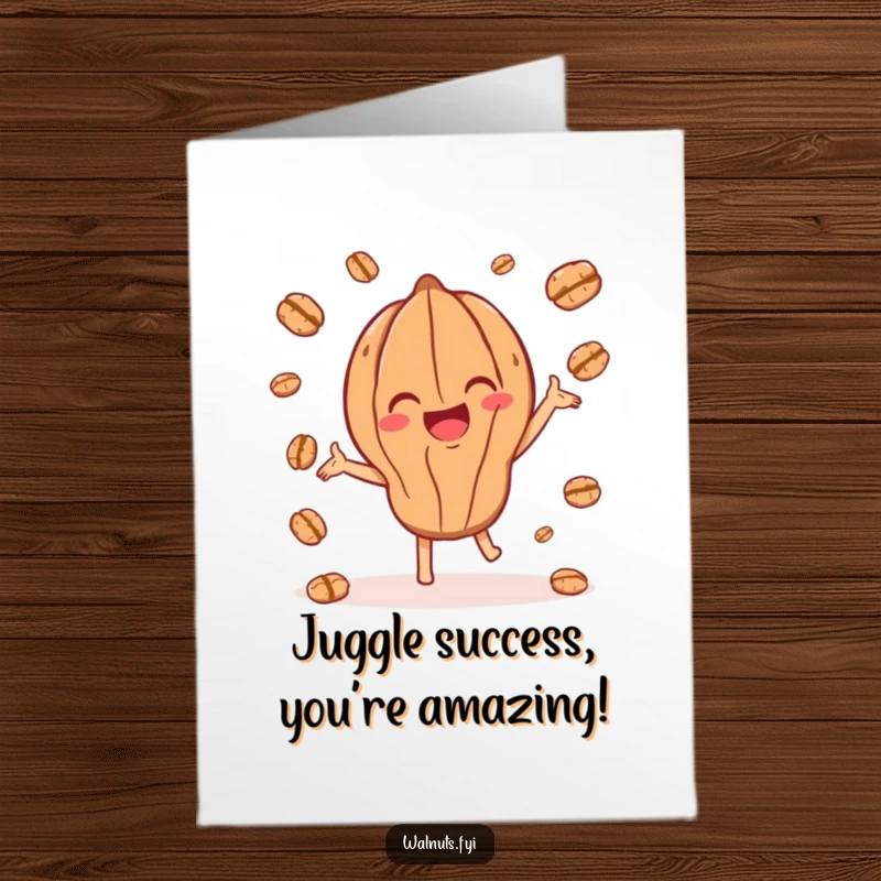 Funny Free Printable Congratulations Card: A joyful walnut character gleefully juggling smaller walnut pieces in celebration.