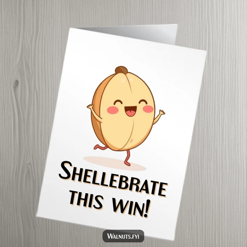 Funny Free Printable Congratulations Card: A happy walnut with tiny legs dances joyfully to celebrate a win.