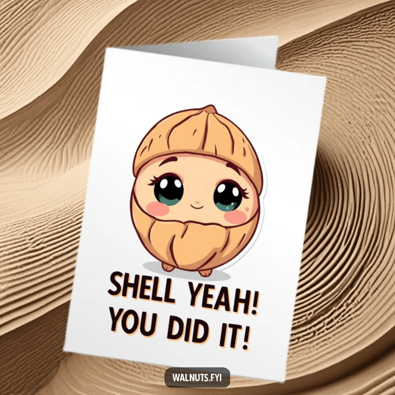 Funny Free Printable Congratulations Card: a curious walnut tilted inquisitively, with wide, wonder-filled eyes, celebrating success with thoughtfulness.