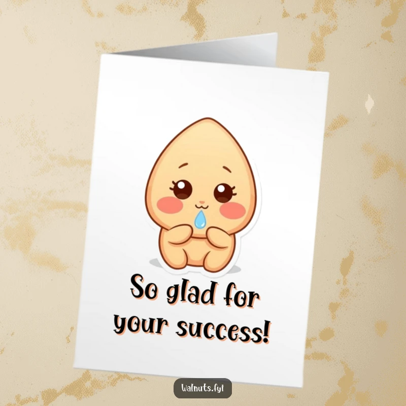 Funny Free Printable Almond Congratulations Card: Shy light brown almond with rosy cheeks, offering a dewdrop to celebrate.