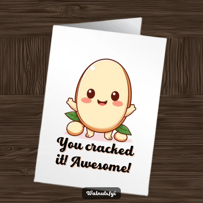 Funny Free Printable Congrats Card: Happy Kawaii macadamia nut character offering a piece to celebrate success.