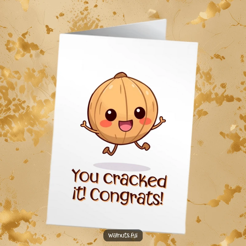 Funny Free Printable Congratulations Card: A happy walnut character with tiny legs scampering energetically, perfect for a downloadable, humorous congratulations greeting.
