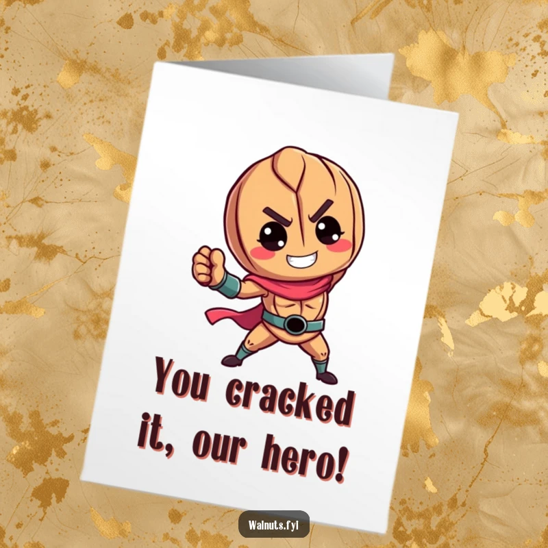 Funny Free Printable Congratulations Card: A vibrant walnut striking a heroic pose, celebrating a grand accomplishment.