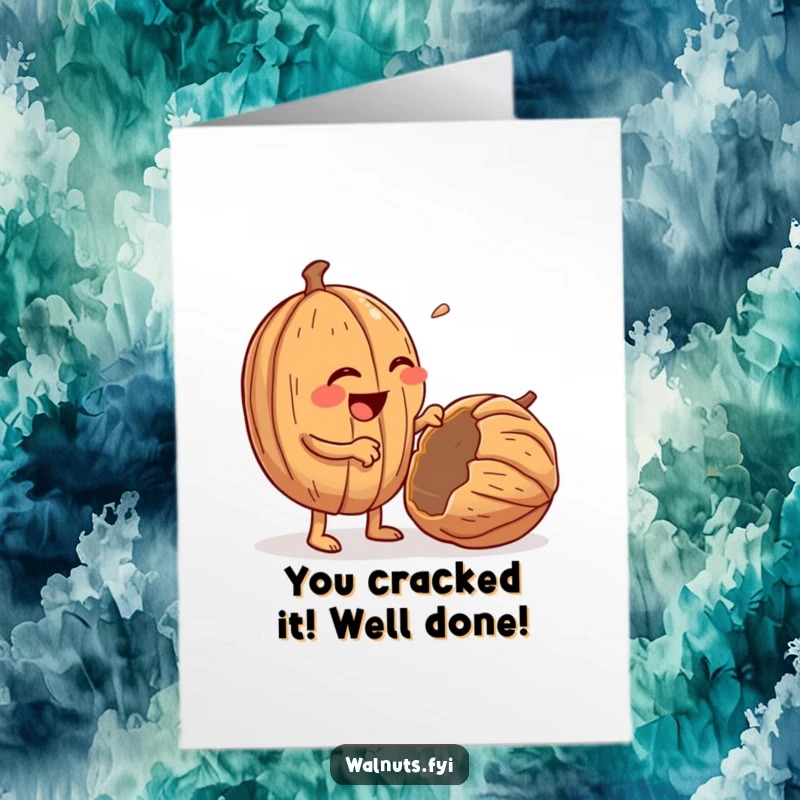 Funny Free Printable Congratulations Card: A giggling walnut enthusiastically cracks open another walnut, celebrating their success.
