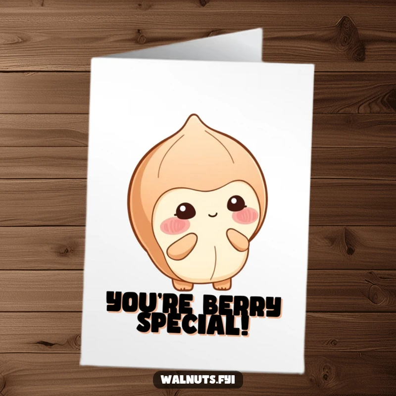 Funny Free Printable Congratulations Card: Blushing hazelnut shyly offers a small berry, conveying congratulations with a smile.