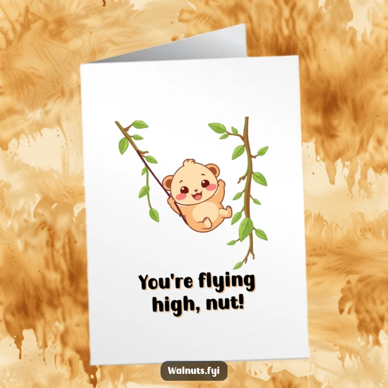 Funny free printable congratulations card: A wobbly beige hazelnut with a wide grin slides down a vine zipline, celebrating your success.