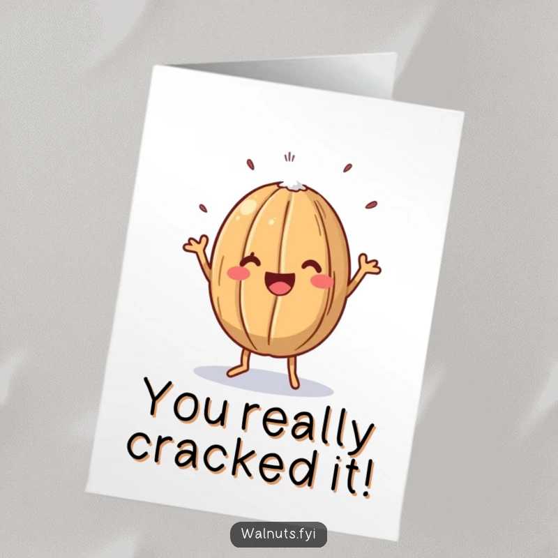 Funny Free Printable Congrats Card: A happy walnut performs a cheerful jig, celebrating a big win.
