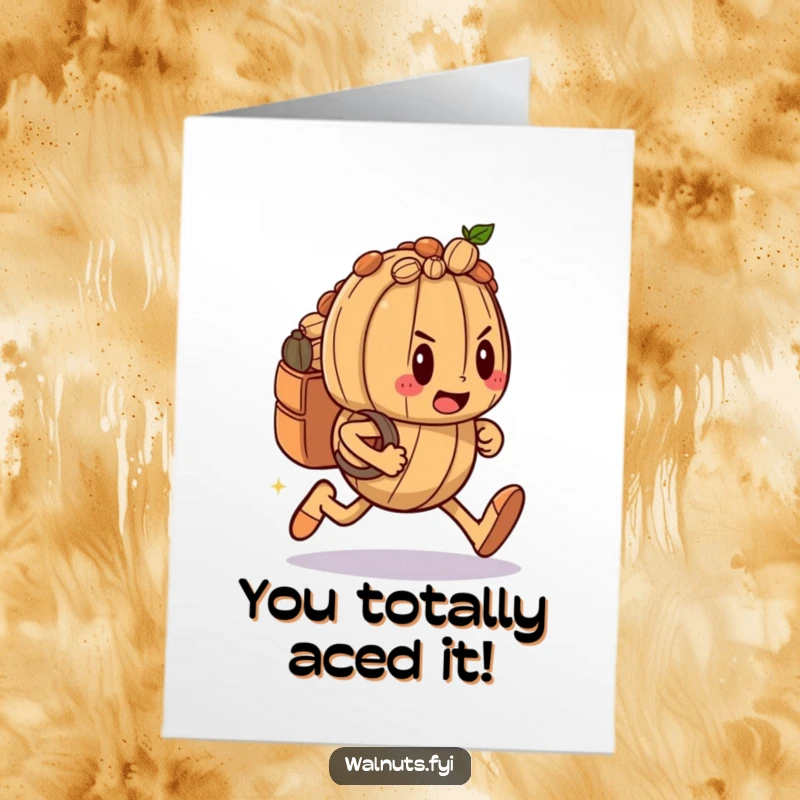 Funny Free Printable Congratulations Card showcasing a determined walnut character sprinting with a backpack, celebrating a big win.