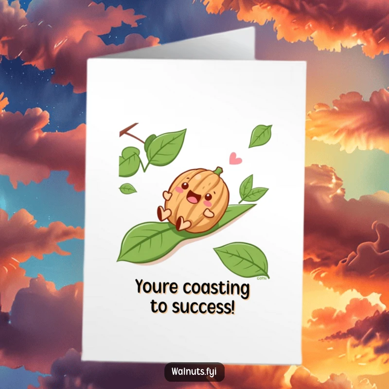 Funny Free Printable Congratulations Card featuring a delighted walnut joyfully sliding down a leafy slope, celebrating a win.
