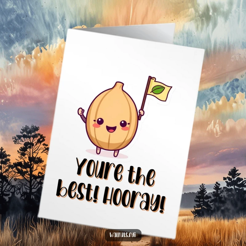 Funny Free Printable Congratulations card with a kawaii walnut gleefully waving a small leaf flag, signifying a triumphant achievement.