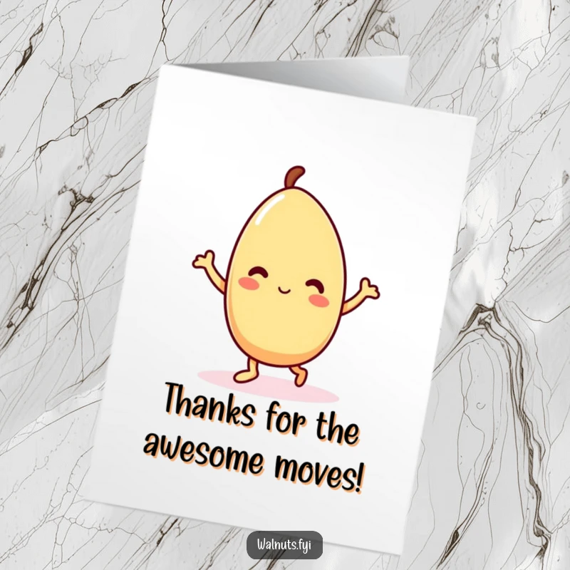Funny Free Printable Thank You Card: Delighted Kawaii almond character dancing gleefully, showing gratitude with humor.