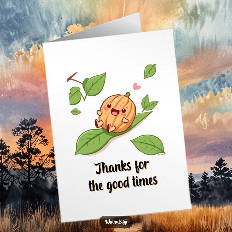 Funny Free Printable Thank You Card: a delighted walnut slides down a leaf, a fun way to express thanks.