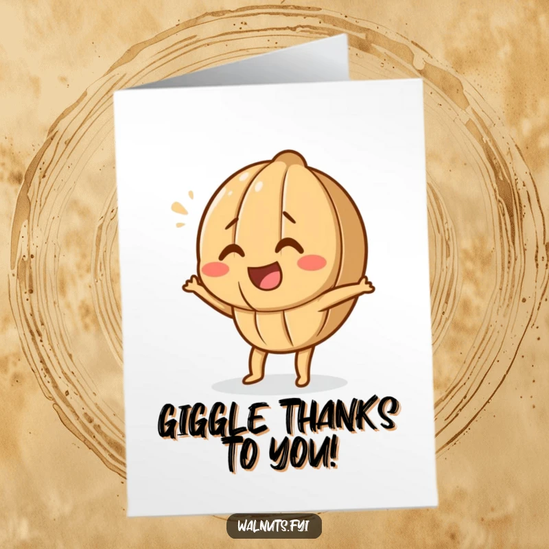 Funny Free Printable Thank You Card: A cute walnut character dancing energetically, expressing thanks. Ideal DIY gift.