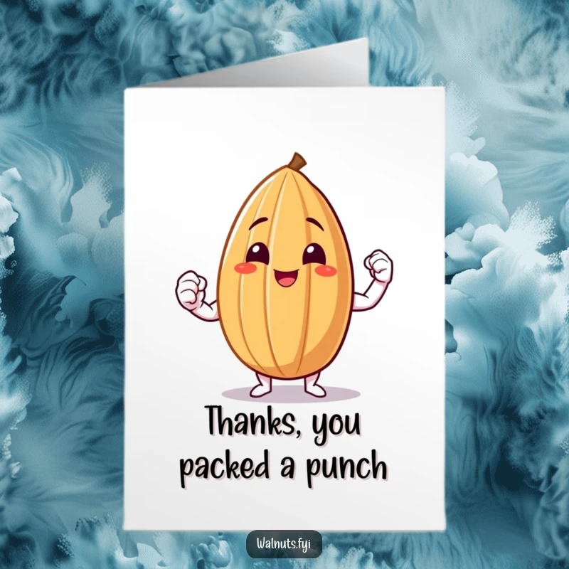 Funny Free Printable Thank You Card: A smiling almond proudly flexes its tiny muscle in thanks.
