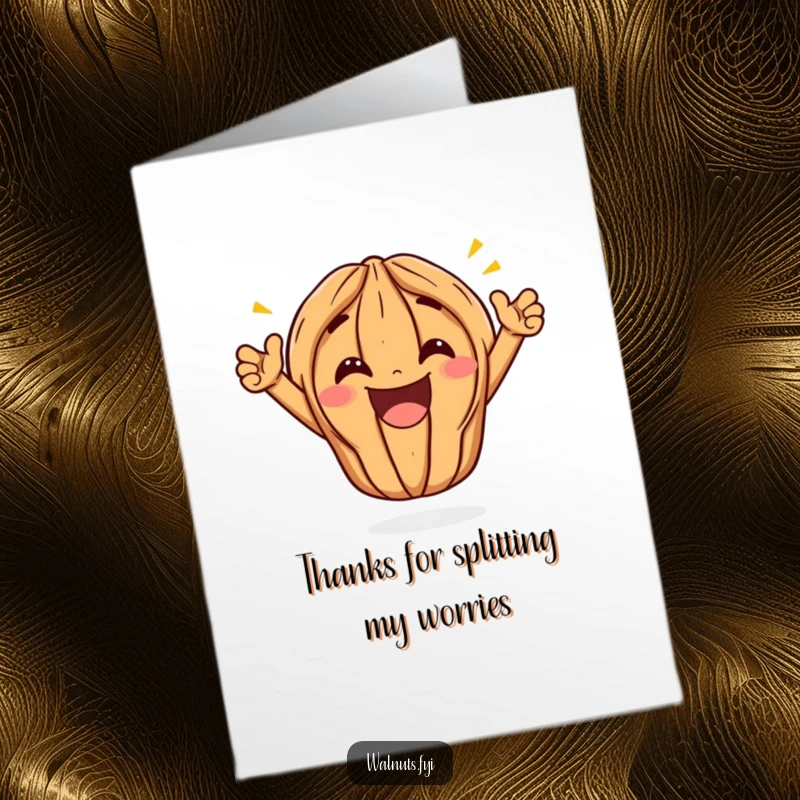 Funny Free Printable Thank You Card: A kawaii walnut doing a triumphant split, grinning widely, a fun way to say thanks.