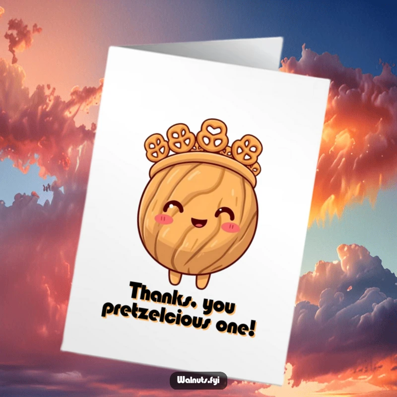 Funny Free Printable thank you card featuring a proud walnut wearing a crown of miniature pretzels, offering a royal thank you.