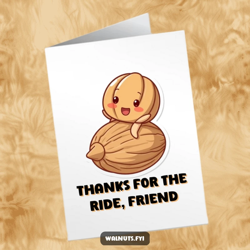 Funny Free Printable Thank You Card: A delighted walnut character beams while riding a large nut, conveying thanks.