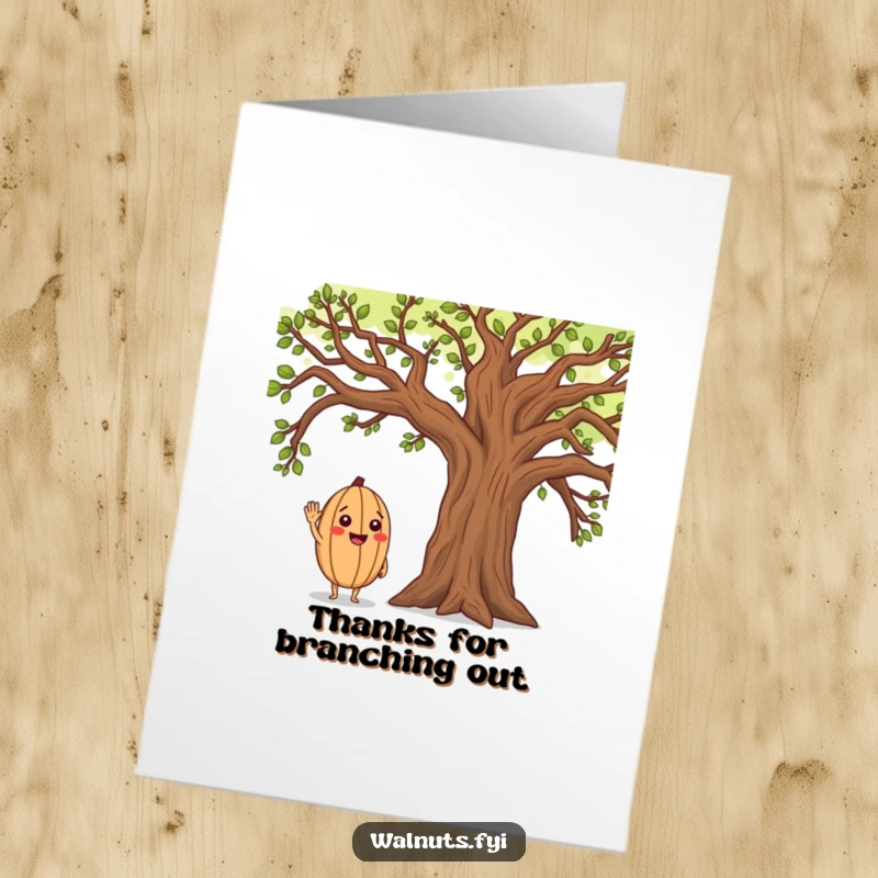 Funny Free Printable Thank You Card: A cheerful walnut character salutes an oak tree, showing thanks with a funny, friendly gesture.