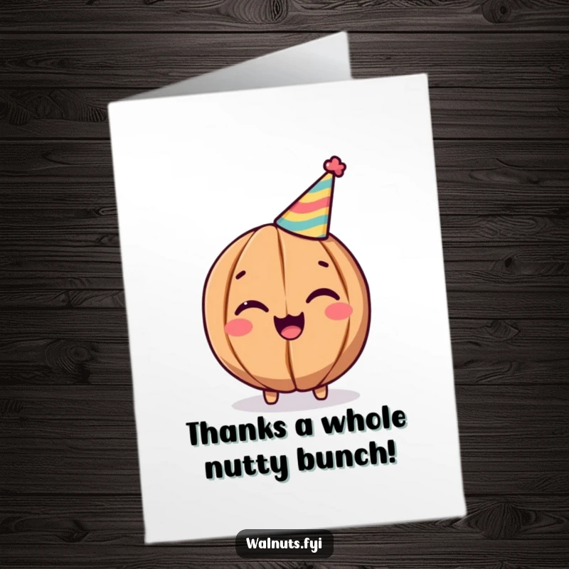 Funny Free Printable Thank You Card: A cheerful walnut wearing a party hat winks, sending thanks in a delightful way.