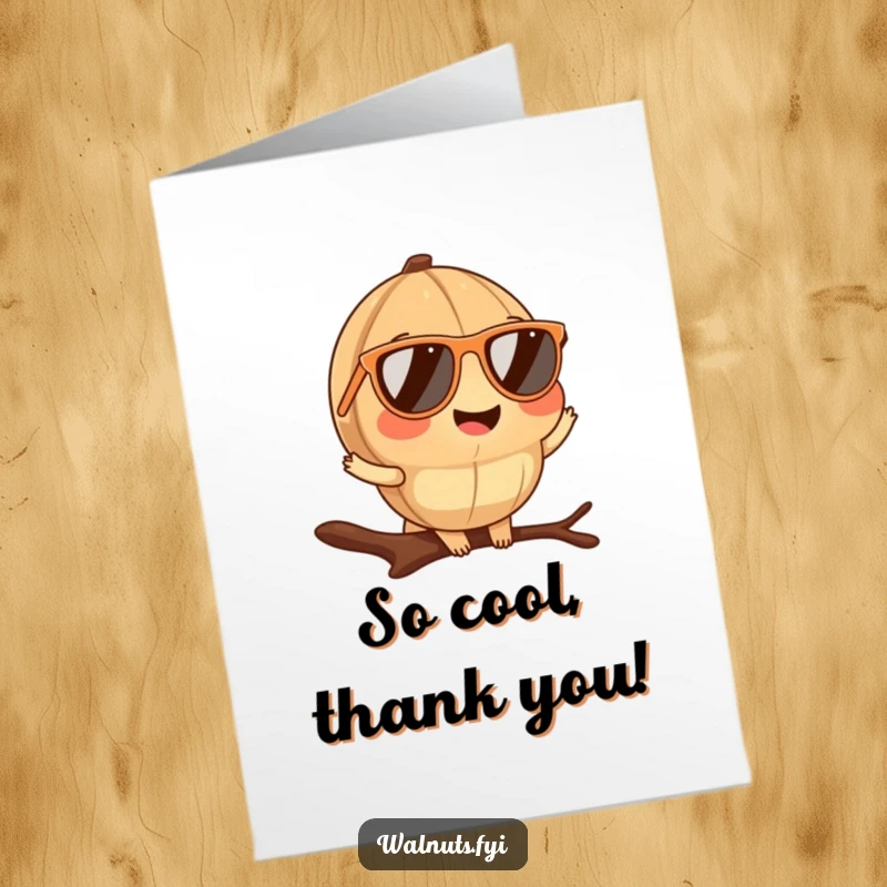 Funny Free Printable Thank You Card: A cool walnut with tiny sunglasses smiles and poses on a branch, offering thanks elegantly.