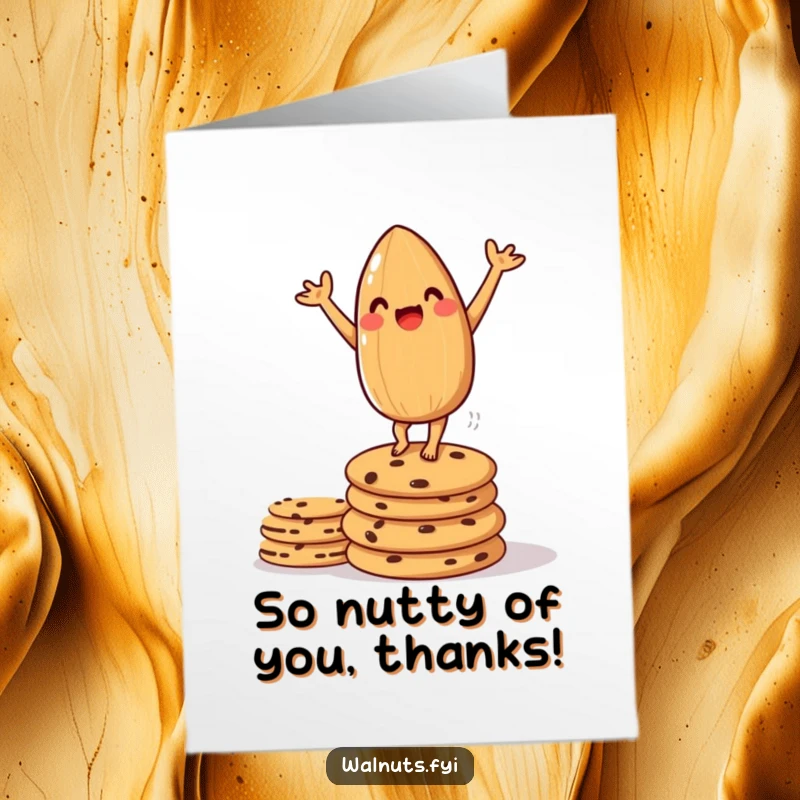 Funny Free Printable Thank You Card: An amused almond doing a handstand on cookies, expressing thanks with impressive balance.
