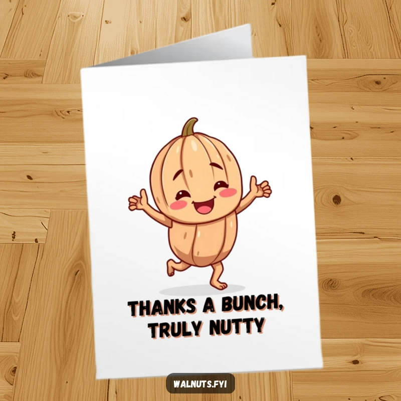 Funny Free Printable Thank You Card: A cheerful, gnarled walnut character performing a happy jig to say thanks.