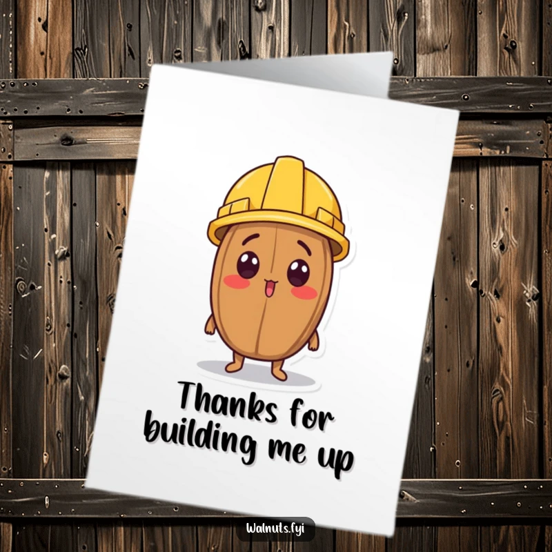 Funny Free Printable Thank You Card: A surprised walnut character in a construction helmet looks up, conveying thanks.